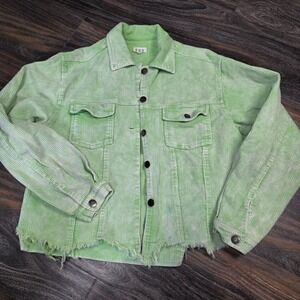 POL  Corduroy Jacket Lime Green Distressed Button Front Long Sleeve Women Small